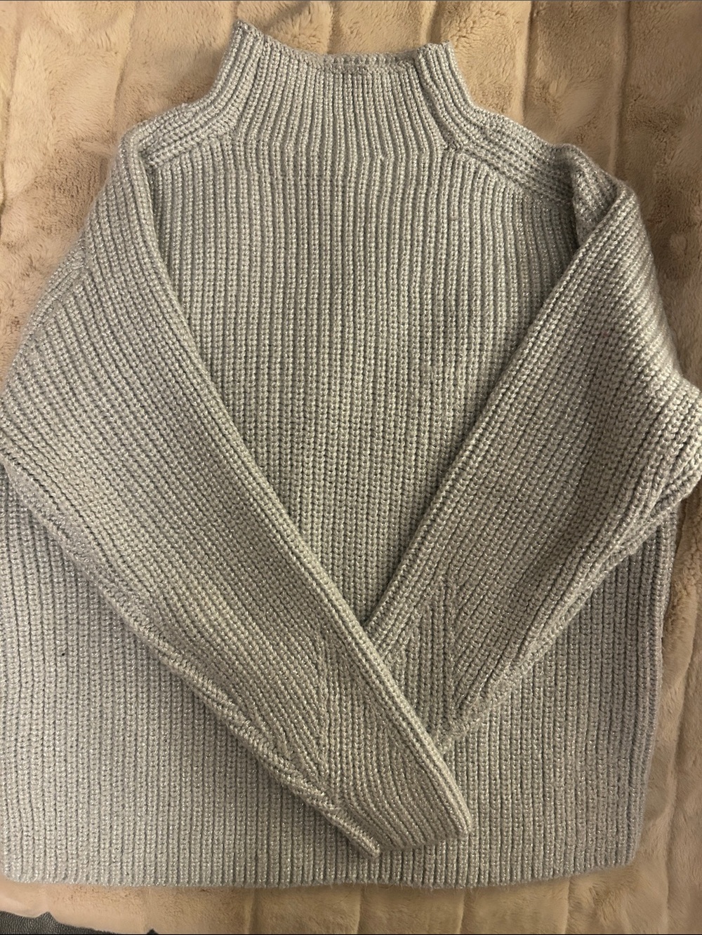 Ann Taylor mock turtleneck light gray w silver streaks sweater
